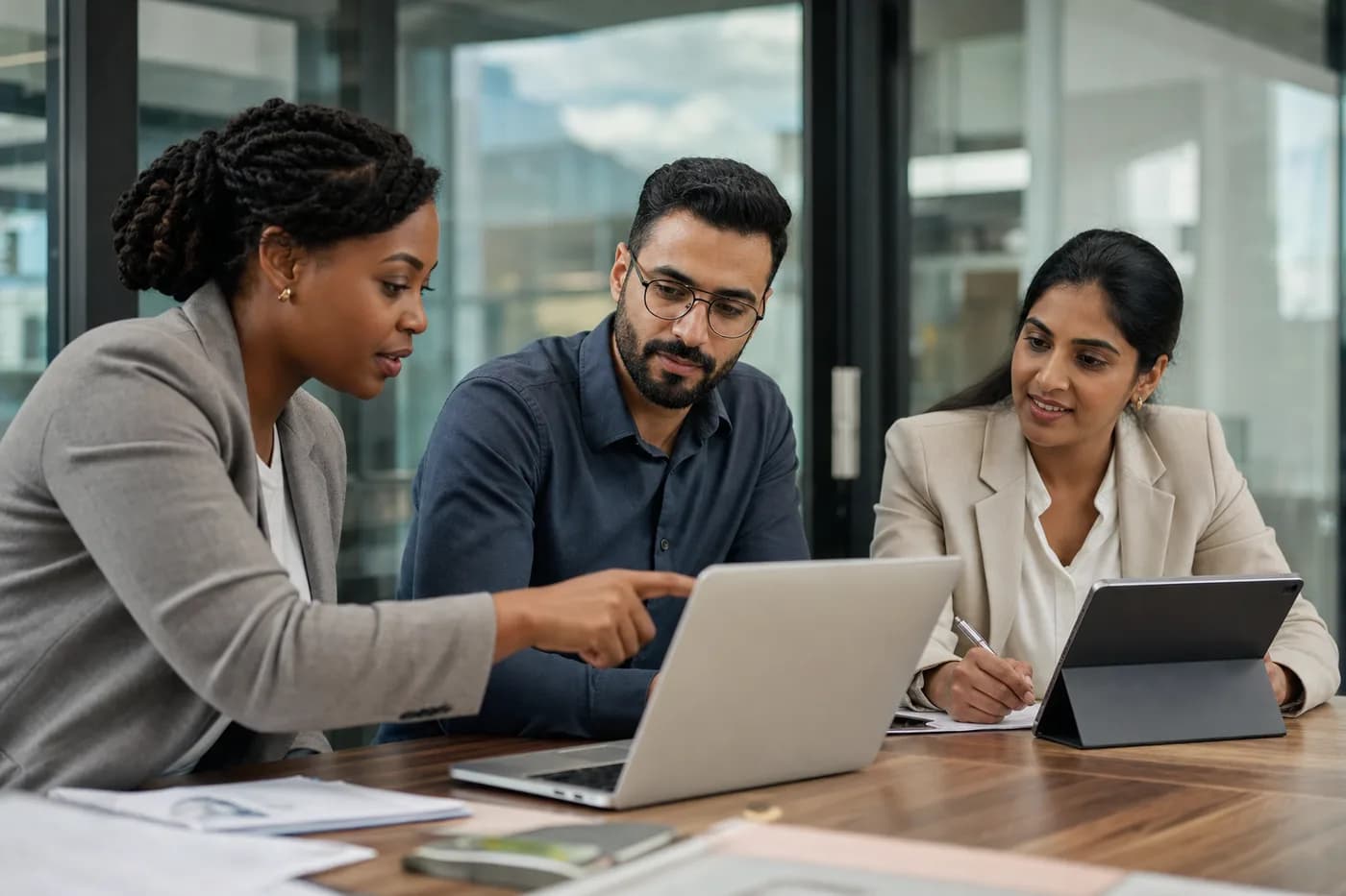 Employers reviewing shortlisted candidate profiles together
